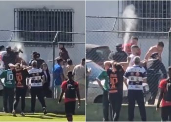 Torcedores invadem vestiário de atletas e provocam briga generalizada em estádio de Votorantim; vídeo